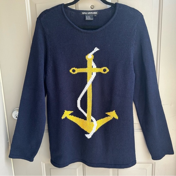 Nina Leonard Sweaters - Nina Leonard Navy Sweater with Yellow Anchor Design